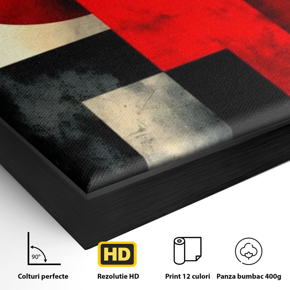 Detaliu al suprafetei: tablou abstract geometric cu soare rosu, in rama de aluminiu negru